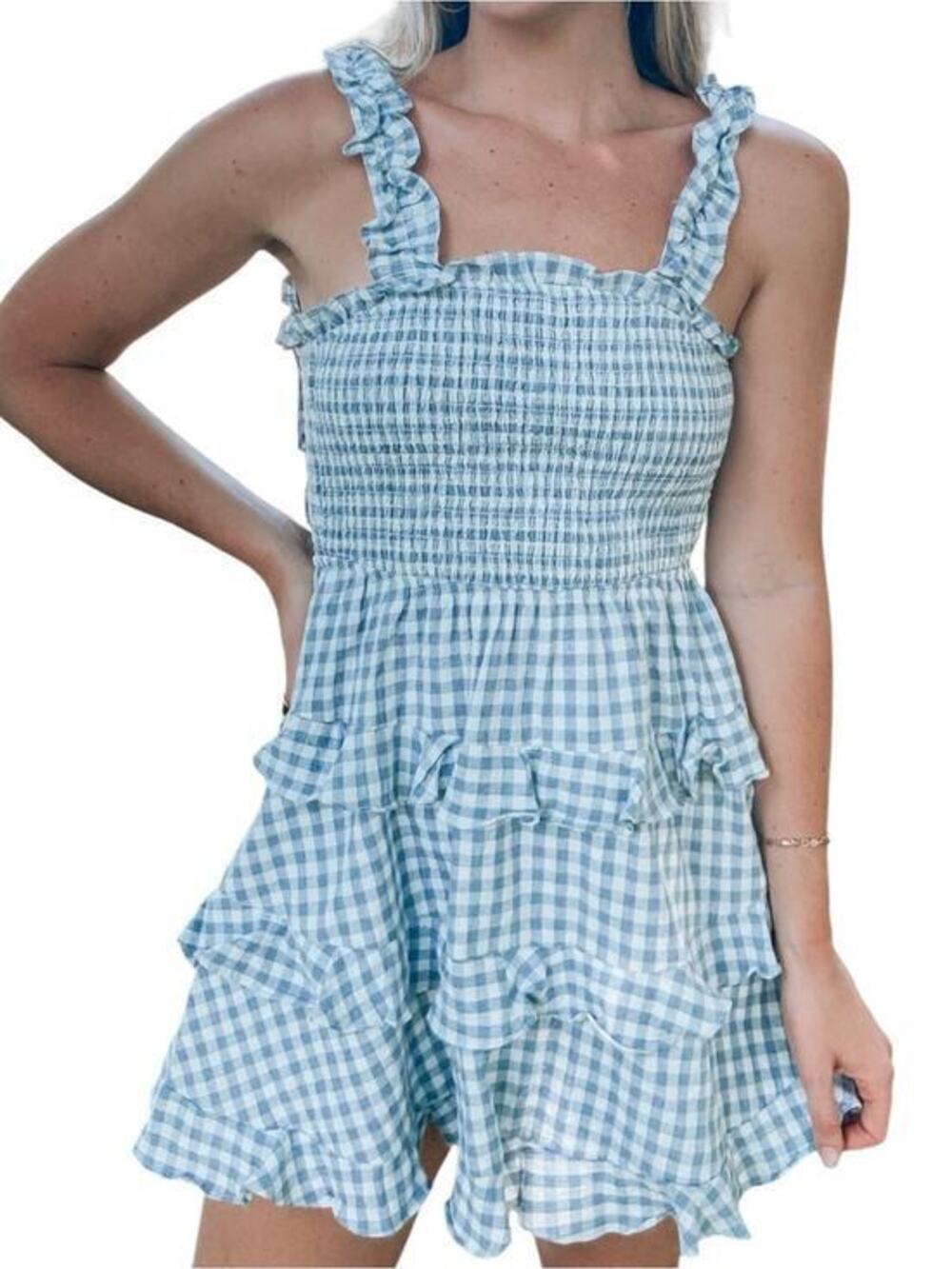 Mable Women’s Size M Blue White Gingham Smocked Tie Back Ruffle Mini Dress